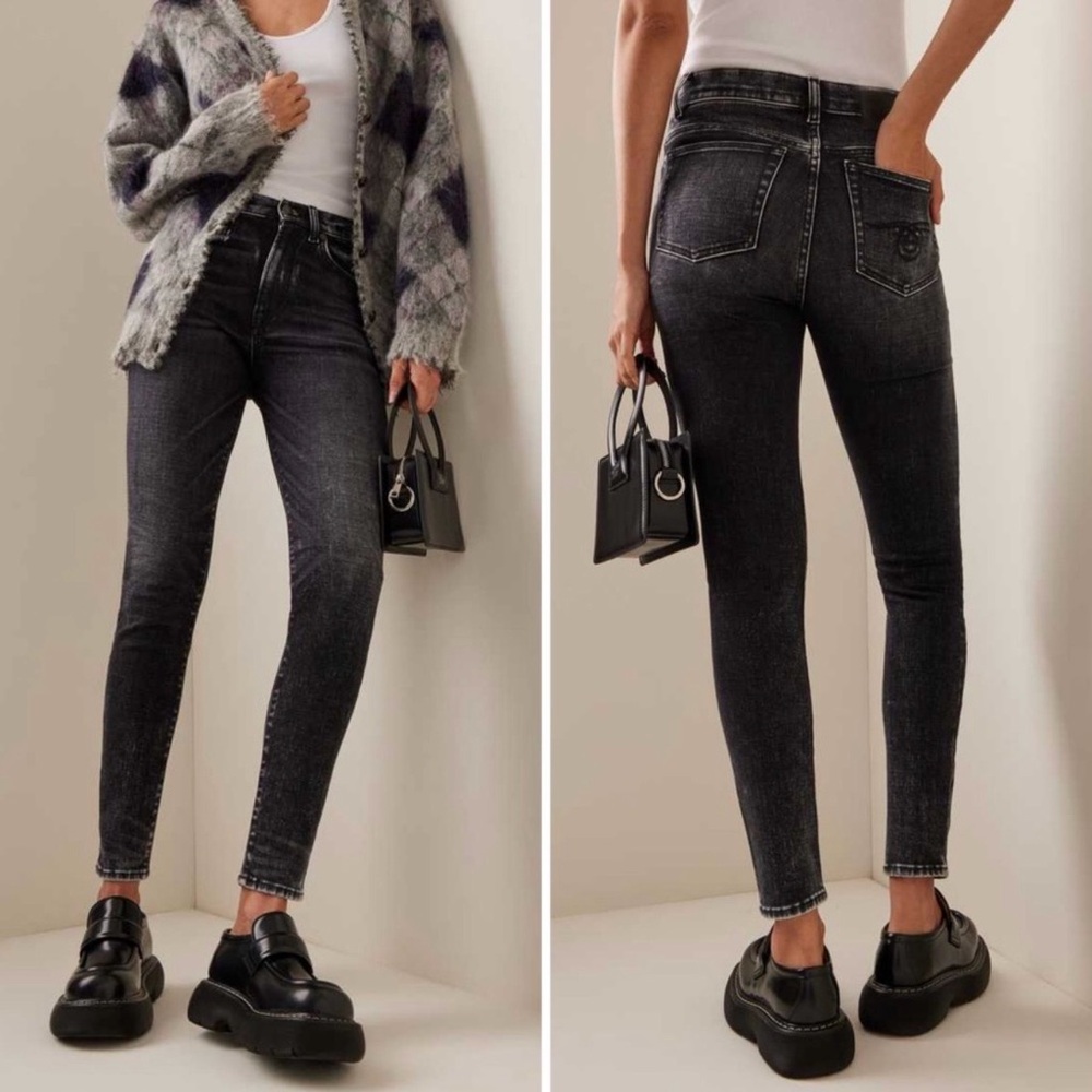 R13 High Rise Skinny Jeans Italian Distressed Fade Stretch Pockets Black Gray 26
